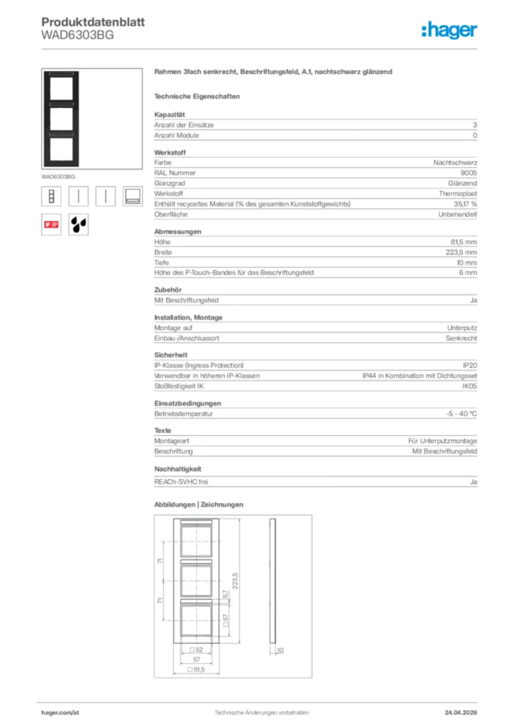 Bild Hager Produktdatenblatt WAD6303BG | Hager Deutschland