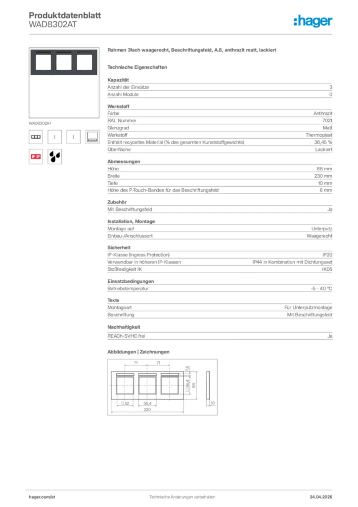 Bild Hager Produktdatenblatt WAD8302AT | Hager Deutschland