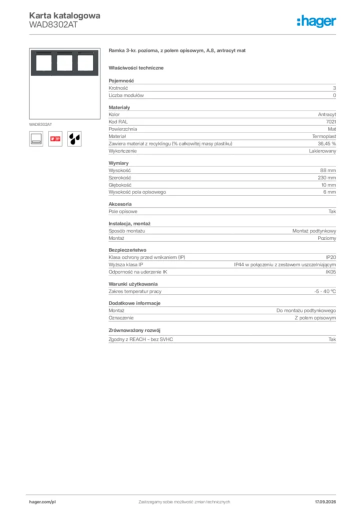 Zdjęcie Hager Karta katalogowa WAD8302AT | Hager Polska