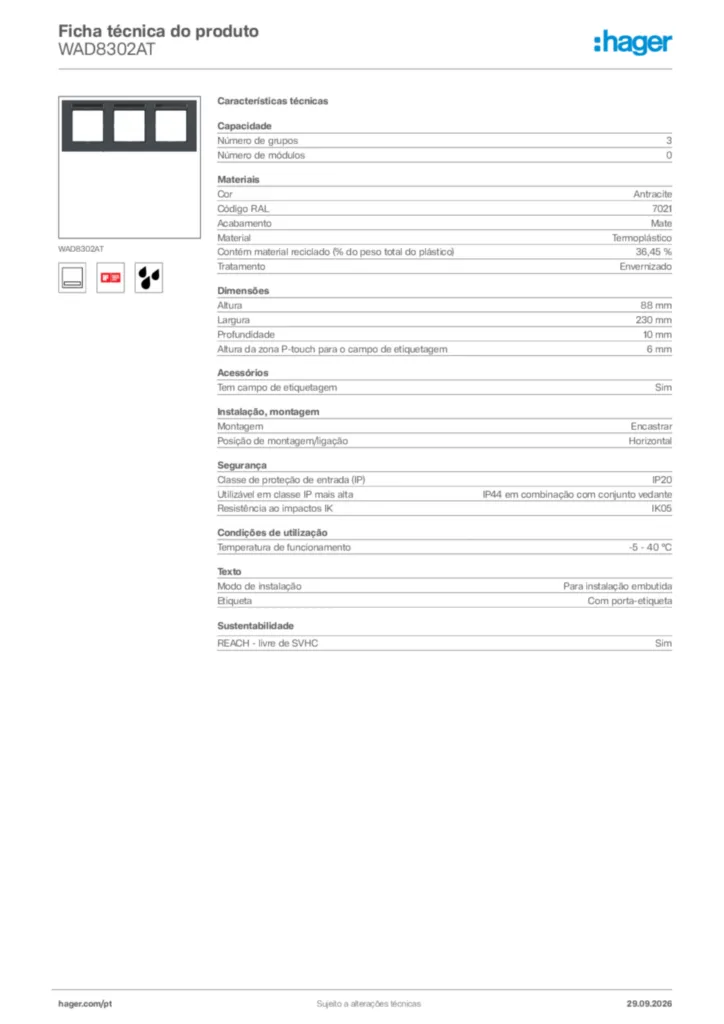 Imagem Hager Ficha técnica do produto WAD8302AT | Hager Portugal