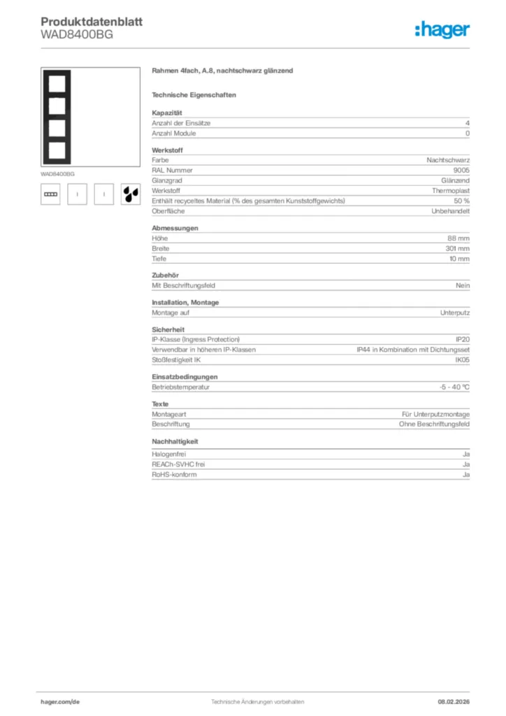 Bild Hager Produktdatenblatt WAD8400BG | Hager Deutschland