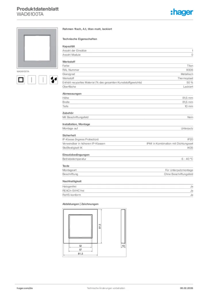 Bild Hager Produktdatenblatt WAD6100TA | Hager Deutschland