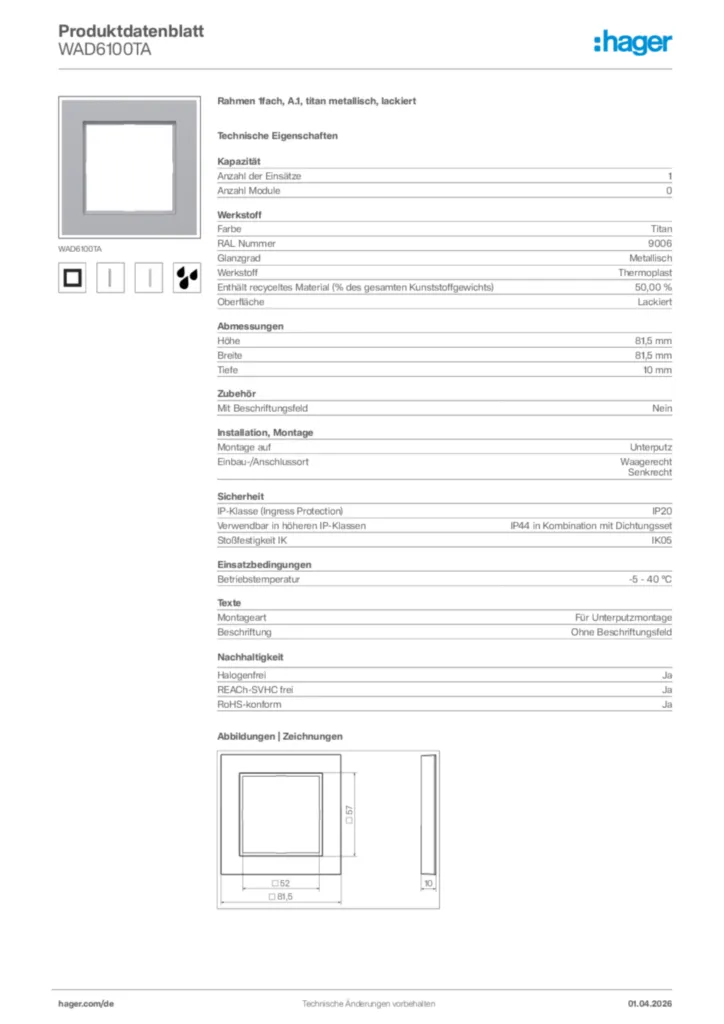 Bild Hager Produktdatenblatt WAD6100TA | Hager Deutschland
