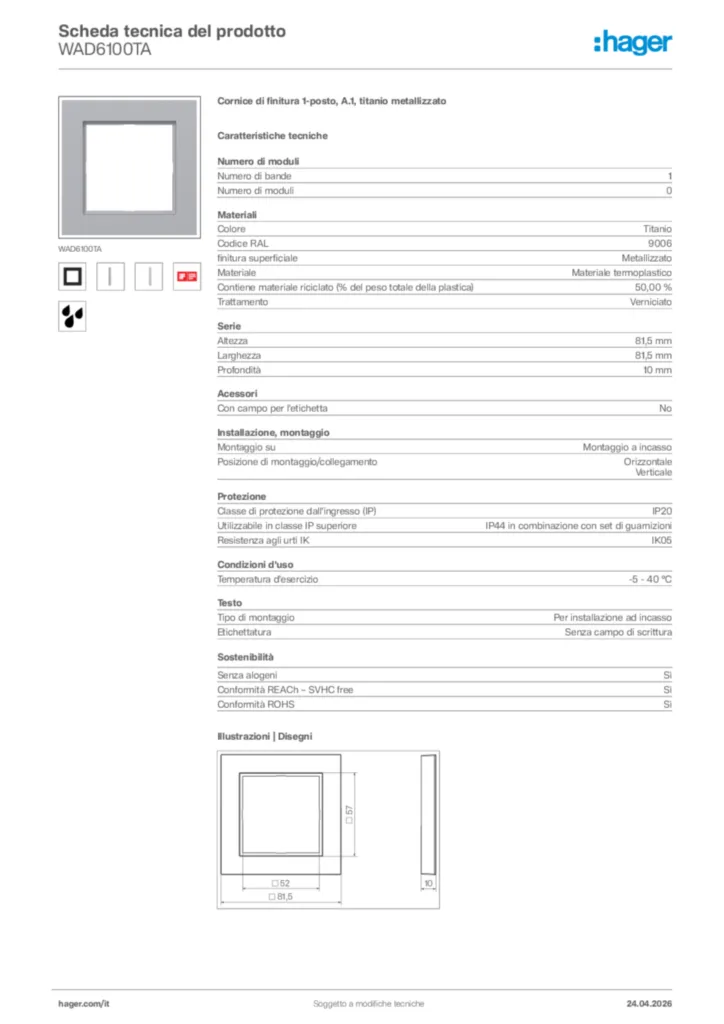 Immagine Hager Scheda tecnica del prodotto WAD6100TA | Hager Italia
