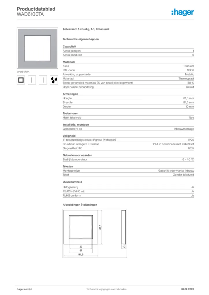 Afbeelding Hager Productdatablad WAD6100TA | Hager Nederland