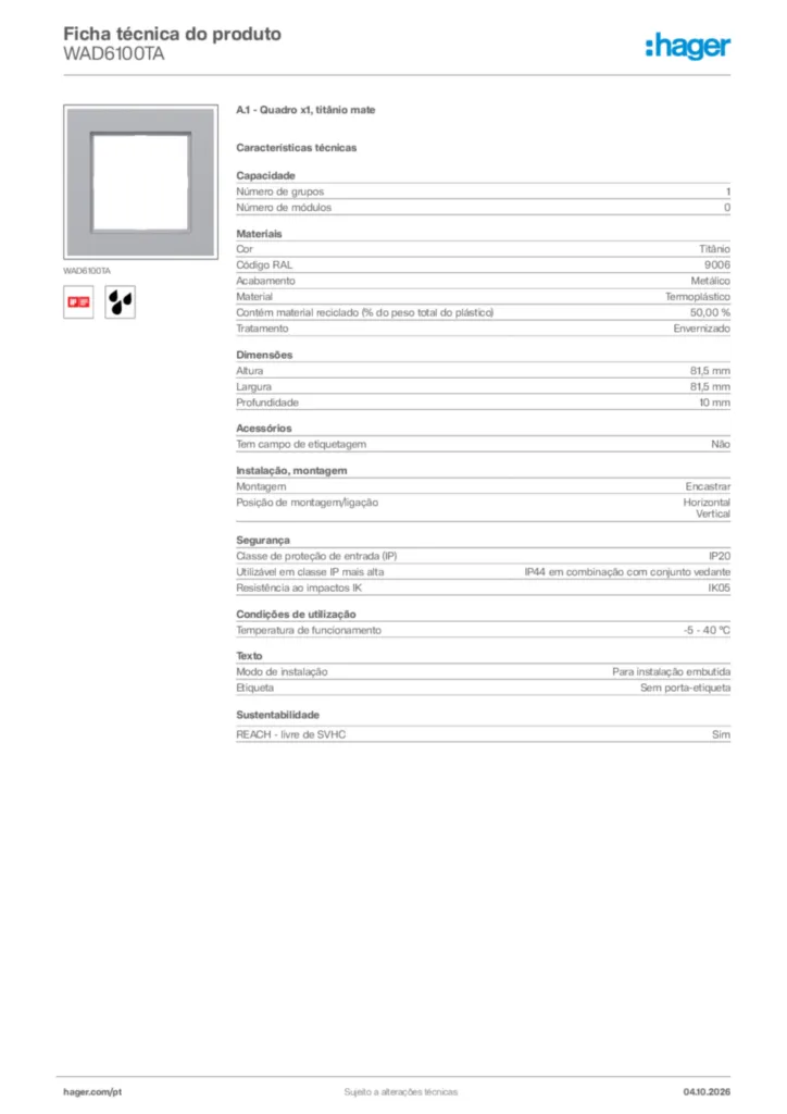 Imagem Hager Ficha técnica do produto WAD6100TA | Hager Portugal