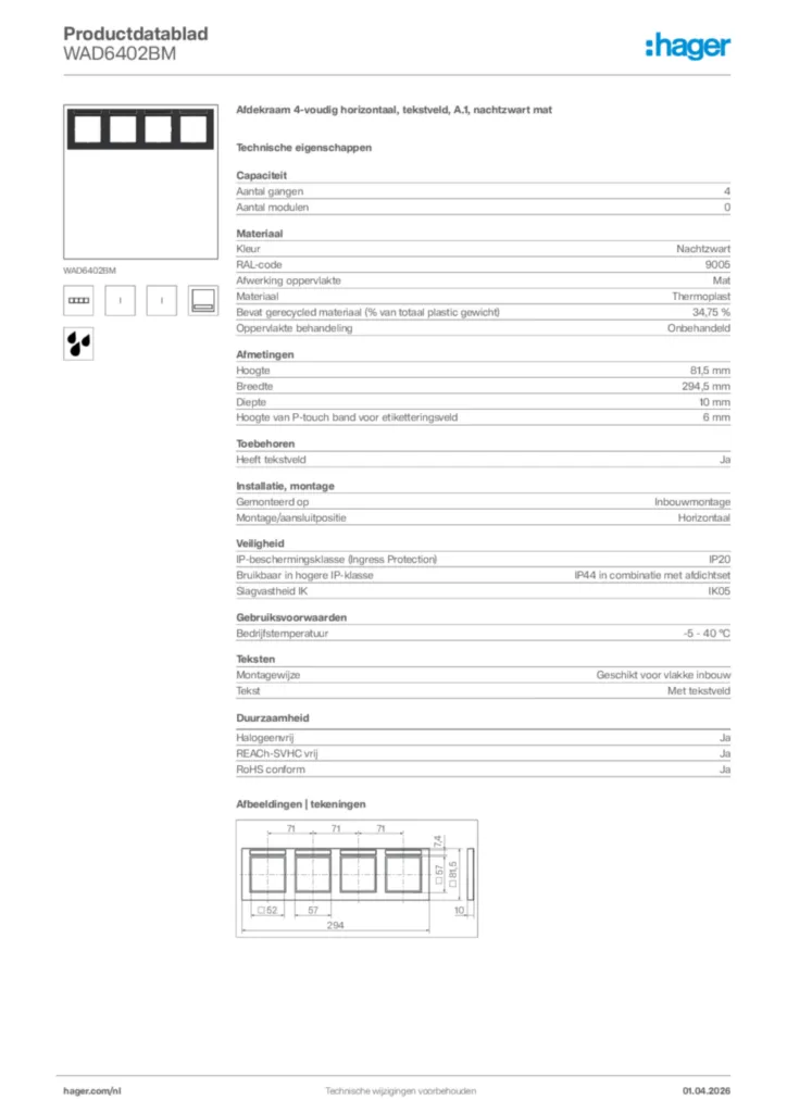 Afbeelding Hager Productdatablad WAD6402BM | Hager Nederland