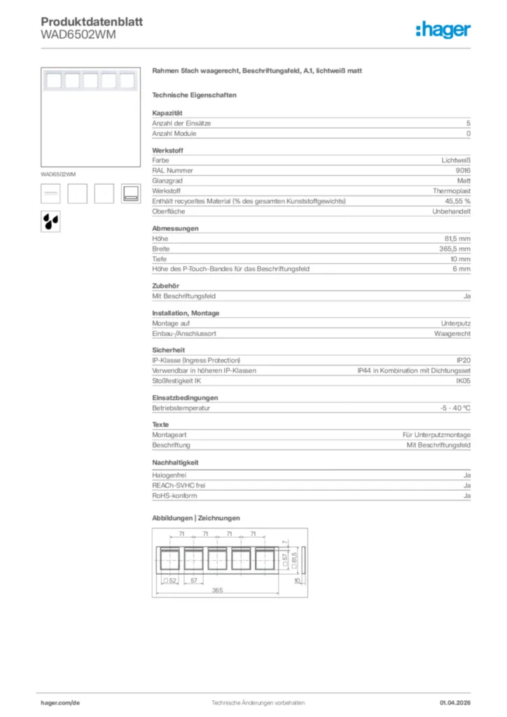 Bild Hager Produktdatenblatt WAD6502WM | Hager Deutschland