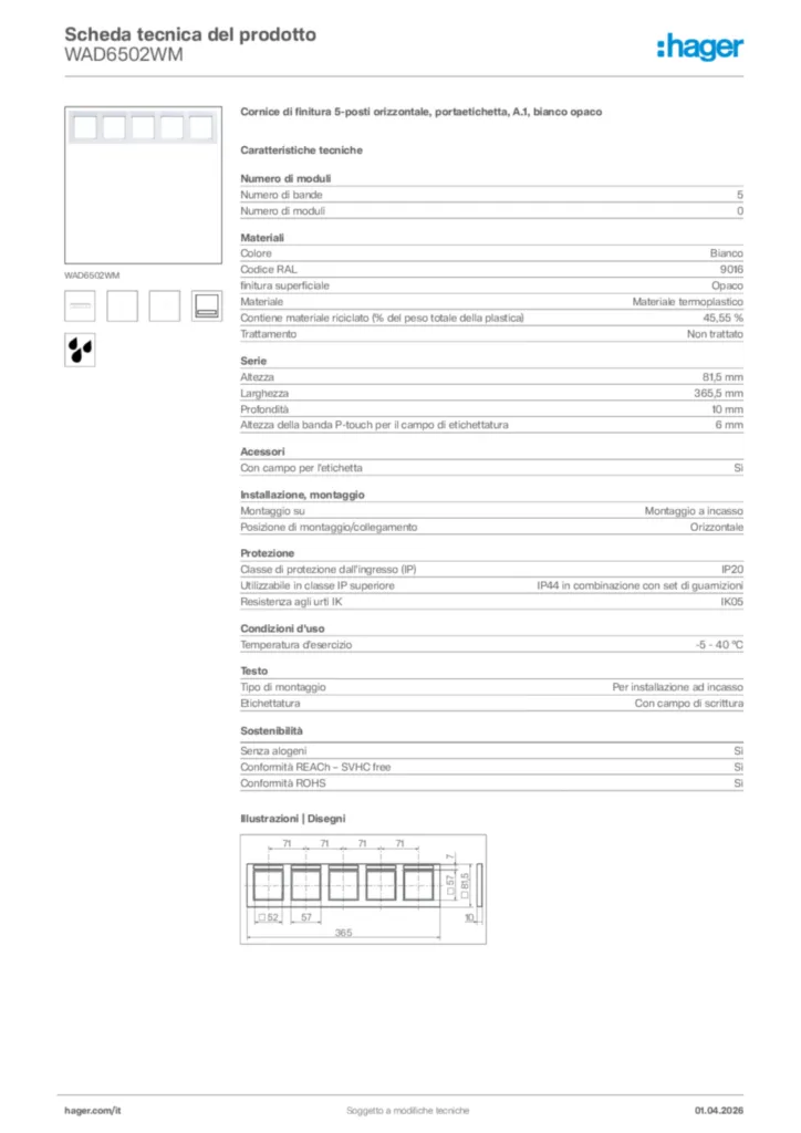Immagine Hager Scheda tecnica del prodotto WAD6502WM | Hager Italia