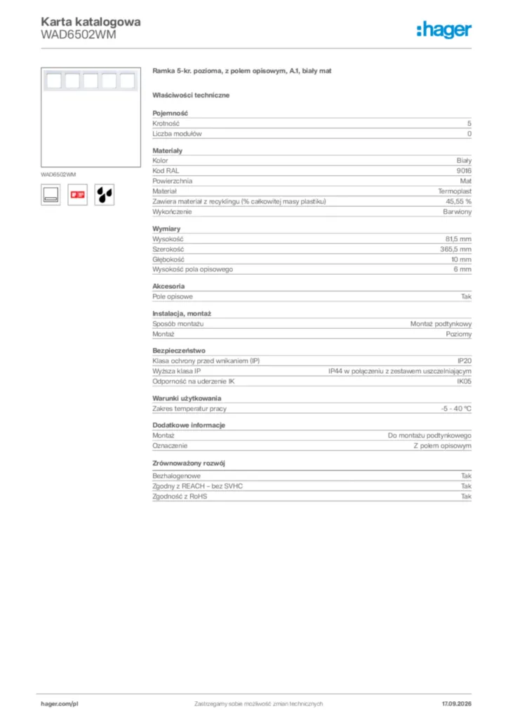 Zdjęcie Hager Karta katalogowa WAD6502WM | Hager Polska