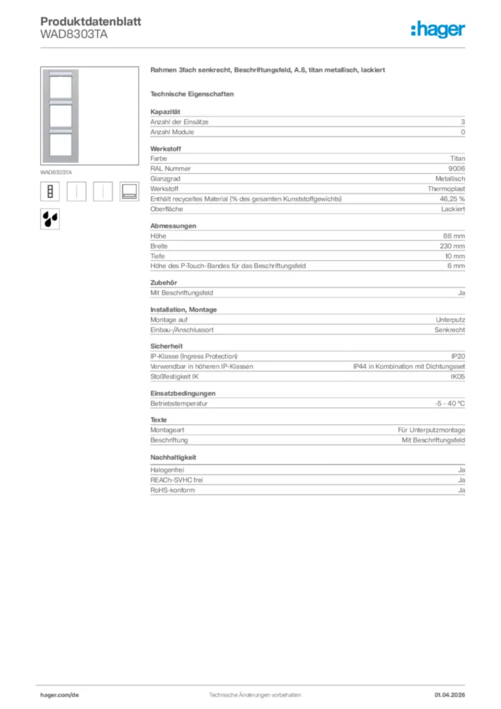 Bild Hager Produktdatenblatt WAD8303TA | Hager Deutschland