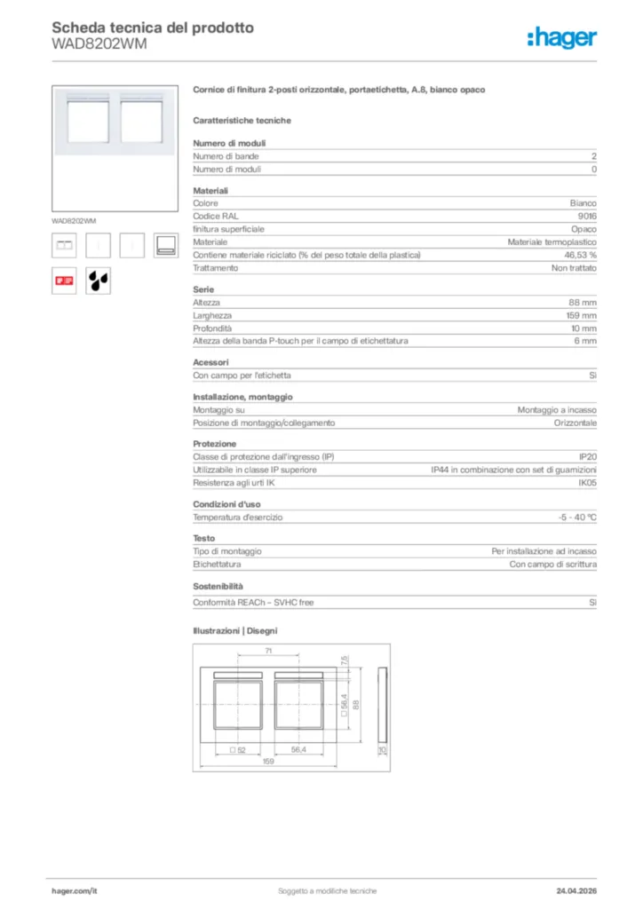 Immagine Hager Scheda tecnica del prodotto WAD8202WM | Hager Italia