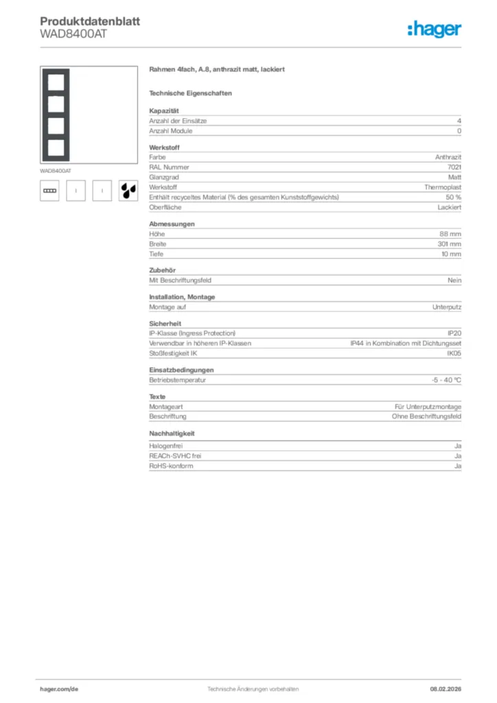 Bild Hager Produktdatenblatt WAD8400AT | Hager Deutschland