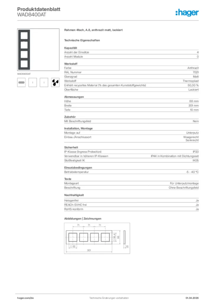 Bild Hager Produktdatenblatt WAD8400AT | Hager Deutschland