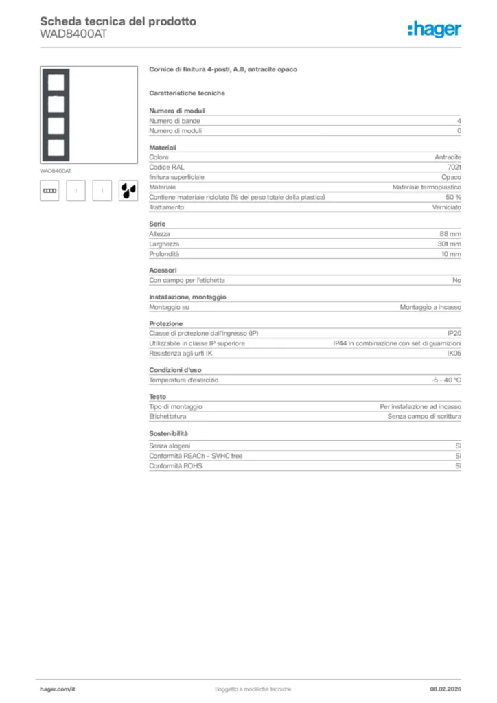 Immagine Hager Scheda tecnica del prodotto WAD8400AT | Hager Italia