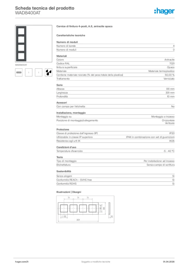 Immagine Hager Scheda tecnica del prodotto WAD8400AT | Hager Italia