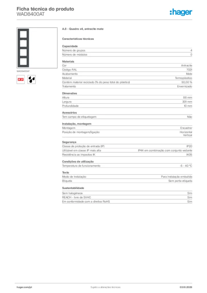 Imagem Hager Ficha técnica do produto WAD8400AT | Hager Portugal
