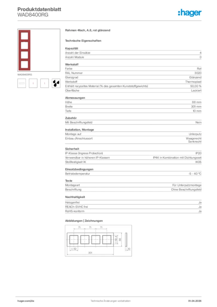Bild Hager Produktdatenblatt WAD8400RG | Hager Deutschland