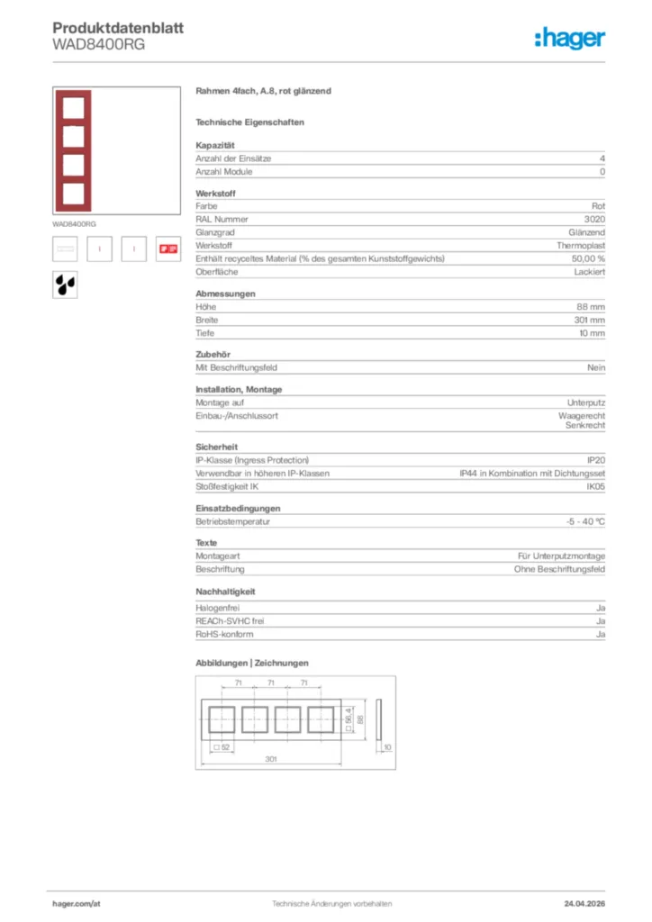 Bild Hager Produktdatenblatt WAD8400RG | Hager Deutschland