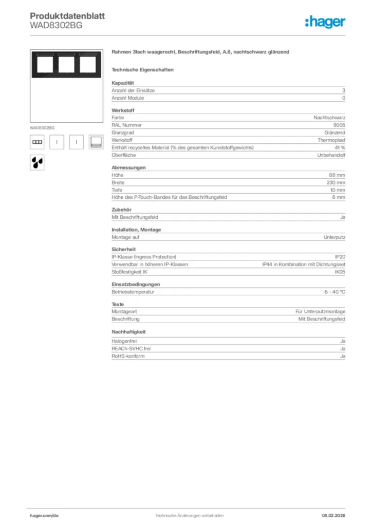 Bild Hager Produktdatenblatt WAD8302BG | Hager Deutschland