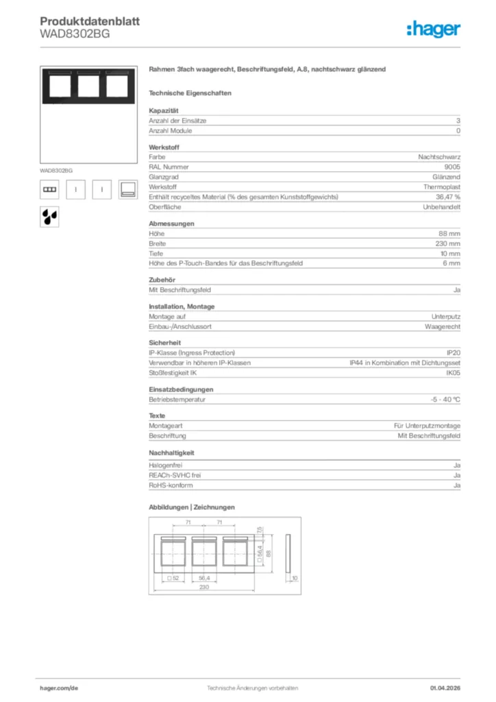 Bild Hager Produktdatenblatt WAD8302BG | Hager Deutschland
