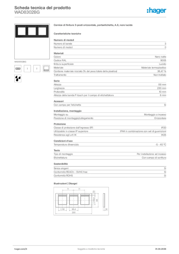 Immagine Hager Scheda tecnica del prodotto WAD8302BG | Hager Italia