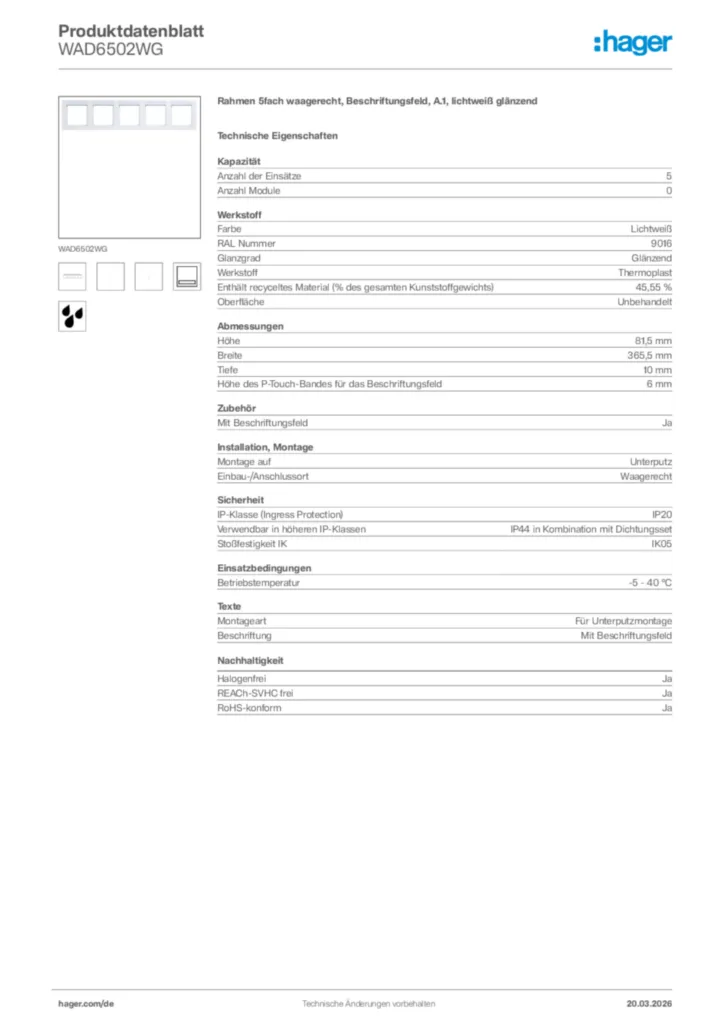 Bild Hager Produktdatenblatt WAD6502WG | Hager Deutschland
