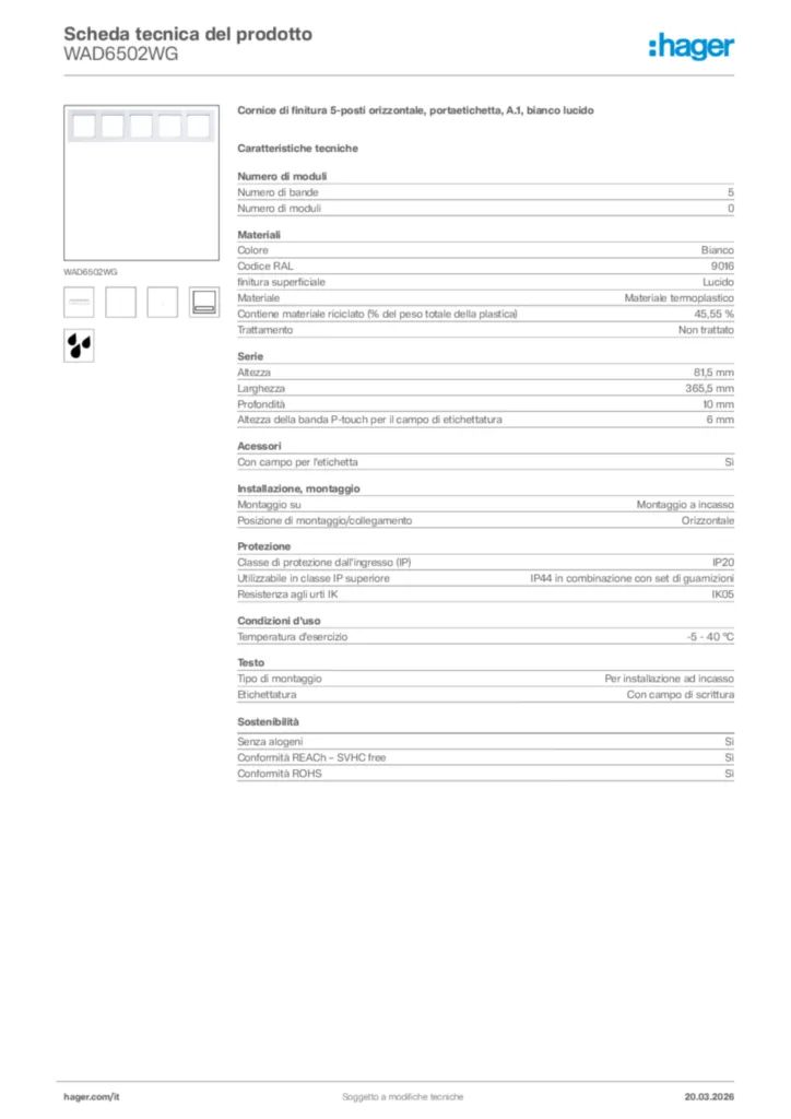 Immagine Hager Scheda tecnica del prodotto WAD6502WG | Hager Italia