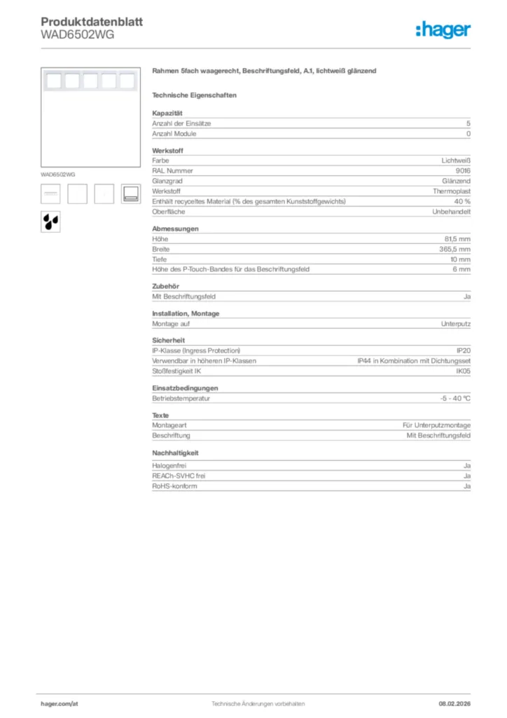 Bild Hager Produktdatenblatt WAD6502WG | Hager Deutschland