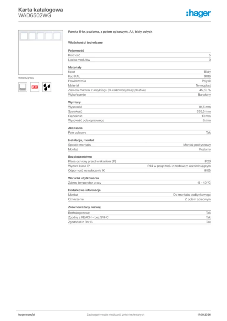 Zdjęcie Hager Karta katalogowa WAD6502WG | Hager Polska