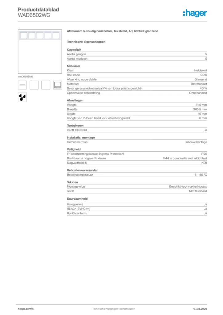 Afbeelding Hager Productdatablad WAD6502WG | Hager Nederland