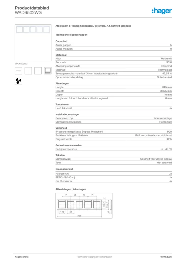 Afbeelding Hager Productdatablad WAD6502WG | Hager Nederland