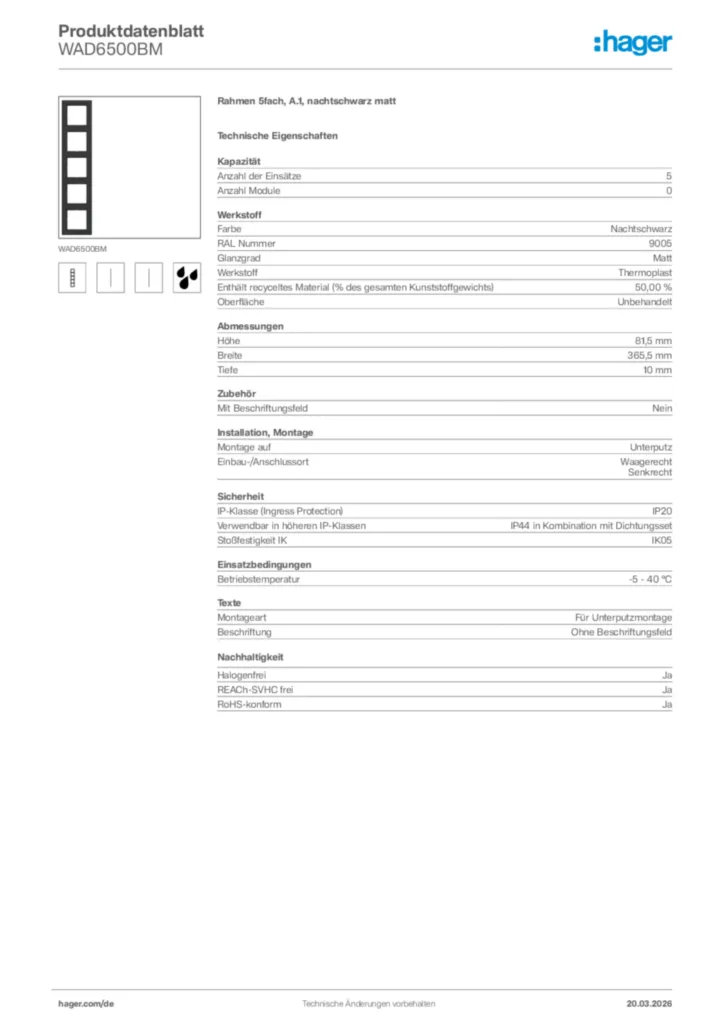 Bild Hager Produktdatenblatt WAD6500BM | Hager Deutschland