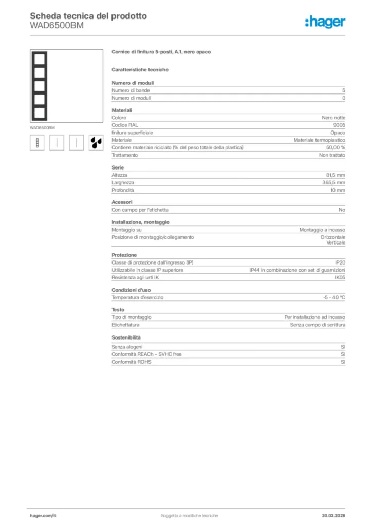 Immagine Hager Scheda tecnica del prodotto WAD6500BM | Hager Italia