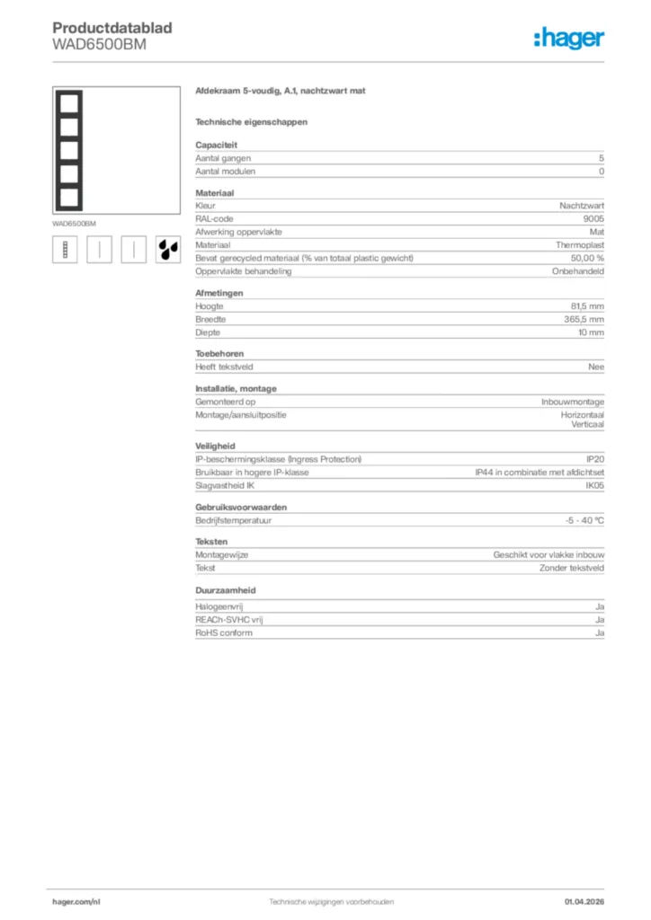Afbeelding Hager Productdatablad WAD6500BM | Hager Nederland