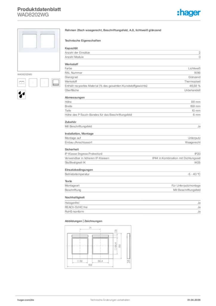 Bild Hager Produktdatenblatt WAD8202WG | Hager Deutschland