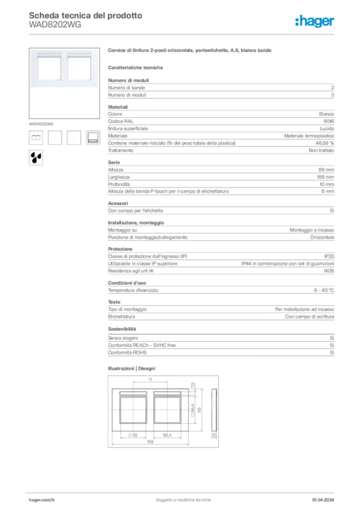 Immagine Hager Scheda tecnica del prodotto WAD8202WG | Hager Italia