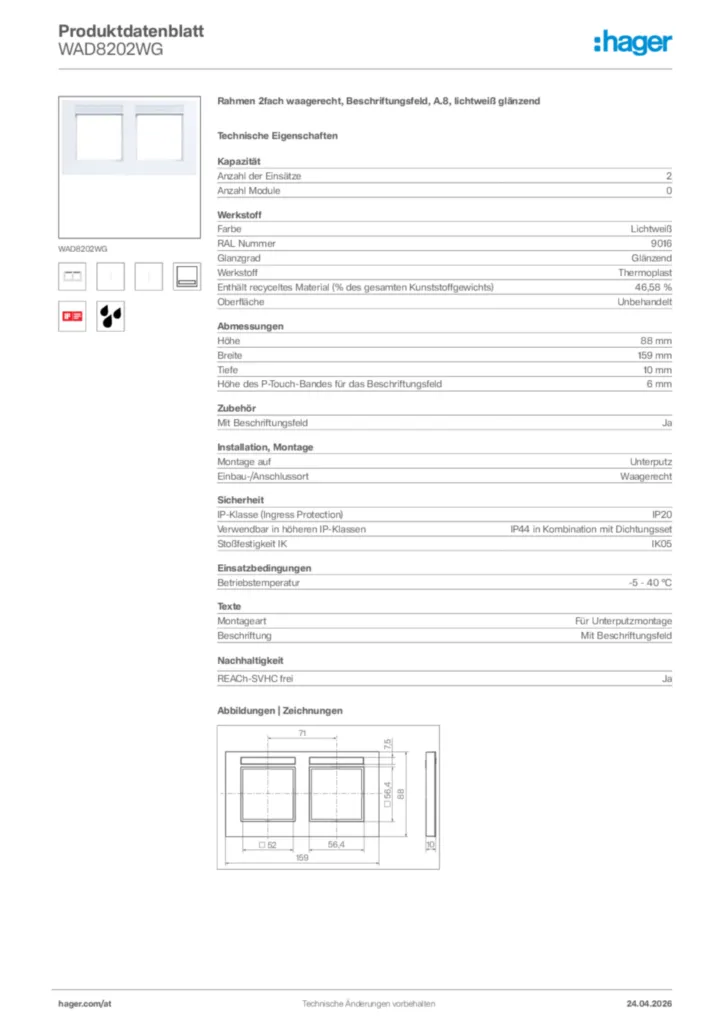 Bild Hager Produktdatenblatt WAD8202WG | Hager Deutschland