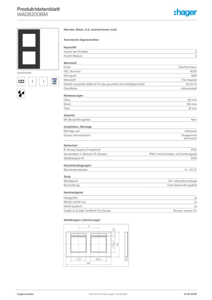 Bild Hager Produktdatenblatt WAD8200BM | Hager Deutschland