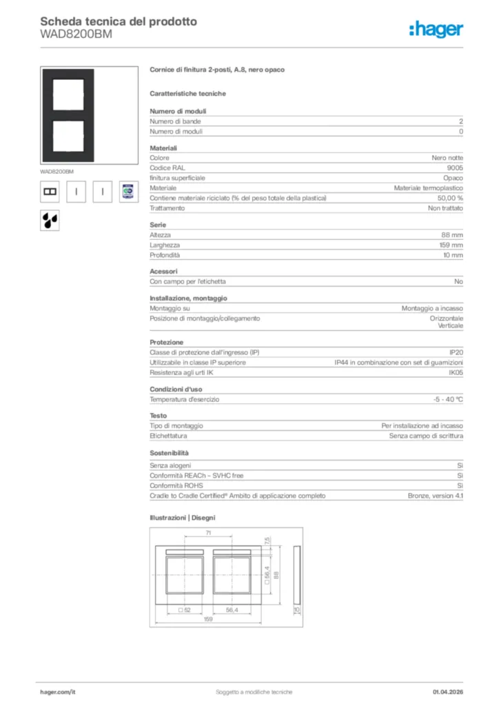 Immagine Hager Scheda tecnica del prodotto WAD8200BM | Hager Italia