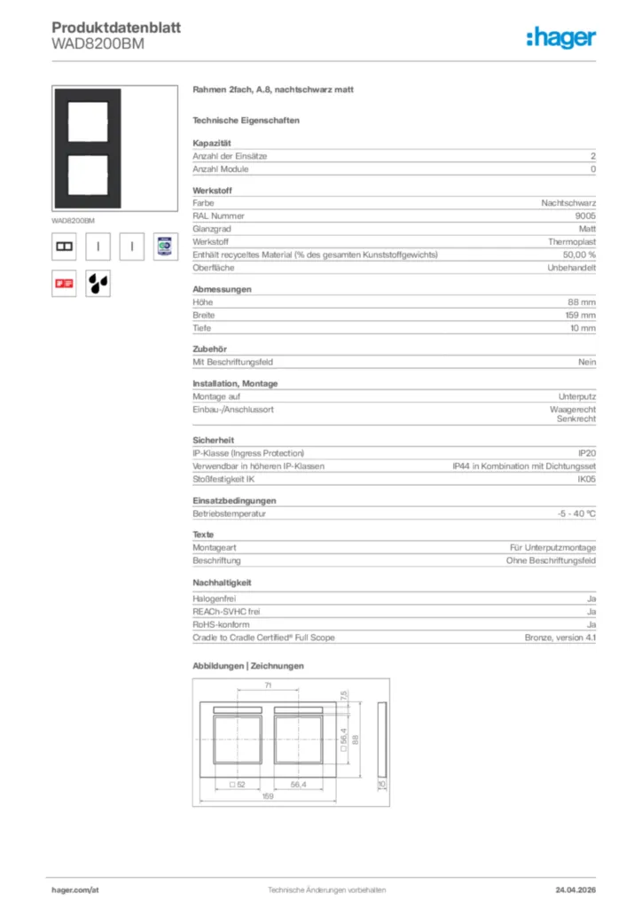 Bild Hager Produktdatenblatt WAD8200BM | Hager Deutschland