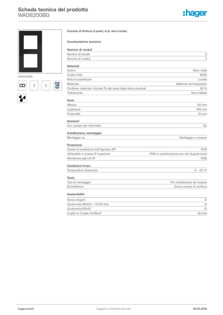 Immagine Hager Scheda tecnica del prodotto WAD8200BG | Hager Italia
