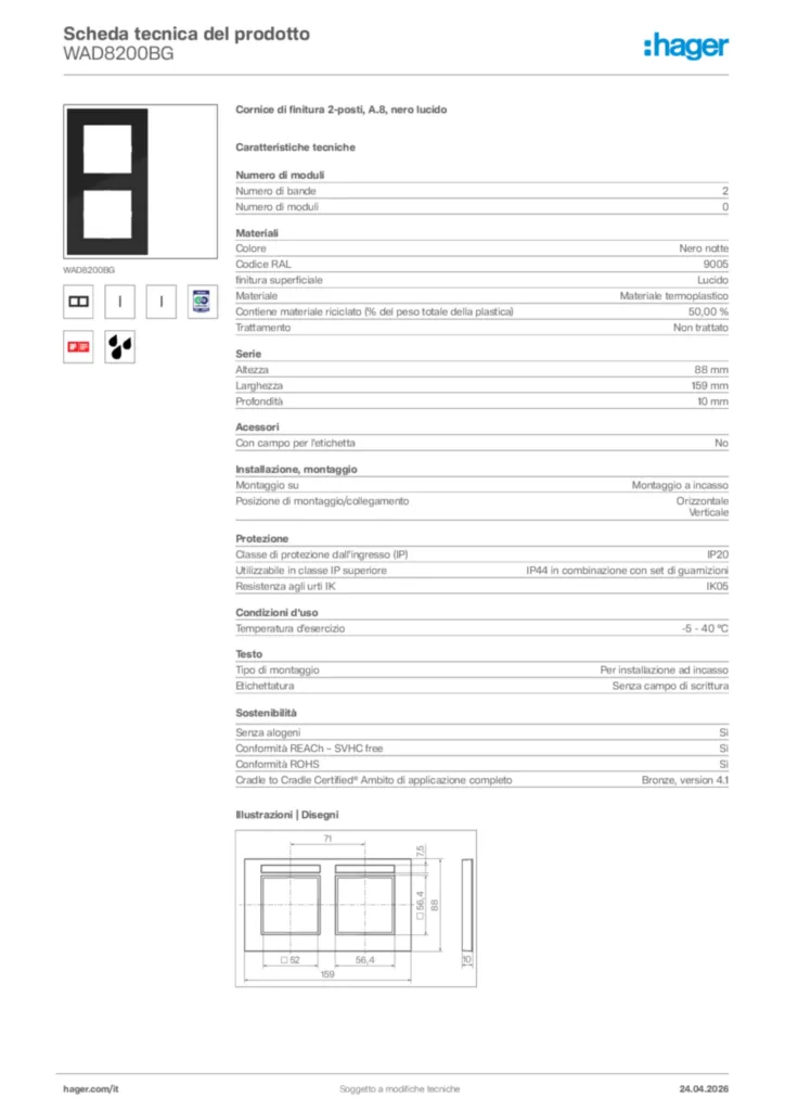 Immagine Hager Scheda tecnica del prodotto WAD8200BG | Hager Italia