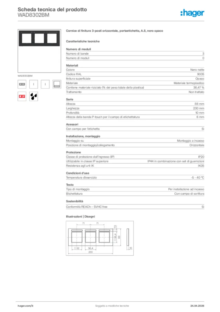 Immagine Hager Scheda tecnica del prodotto WAD8302BM | Hager Italia