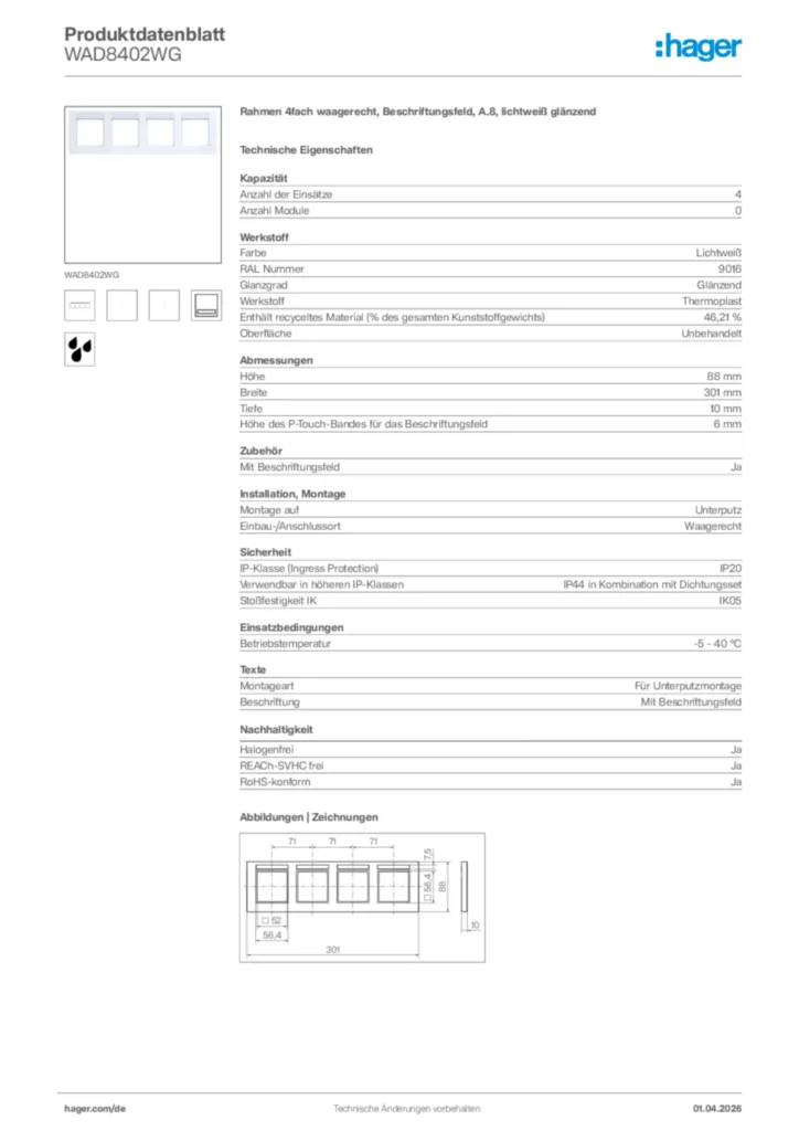 Bild Hager Produktdatenblatt WAD8402WG | Hager Deutschland