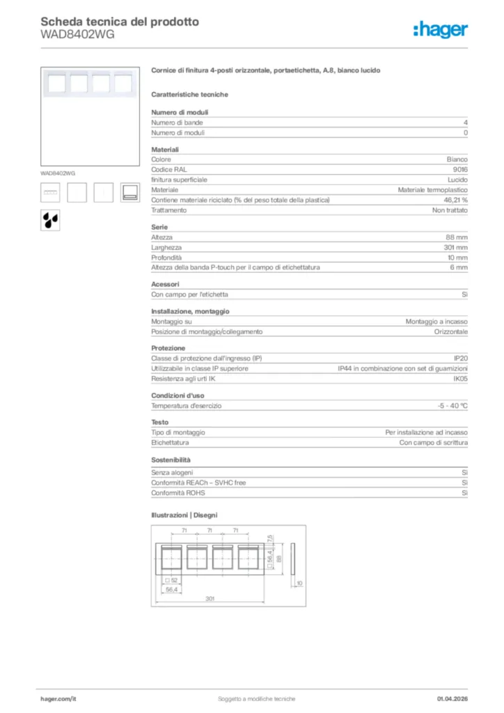 Immagine Hager Scheda tecnica del prodotto WAD8402WG | Hager Italia