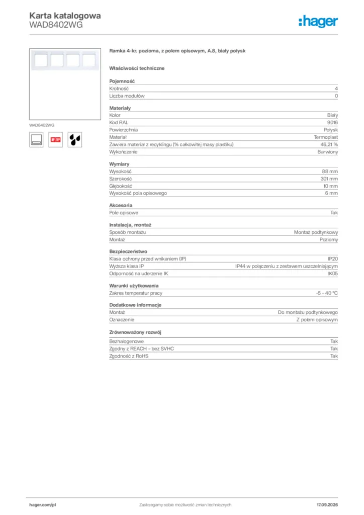 Zdjęcie Hager Karta katalogowa WAD8402WG | Hager Polska