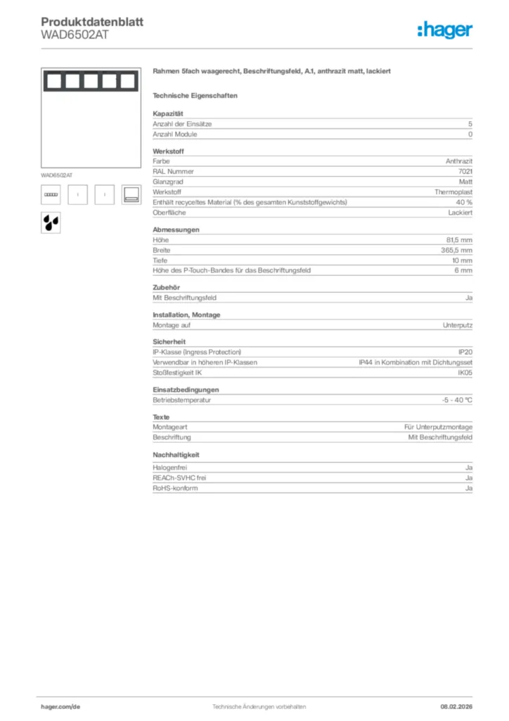 Bild Hager Produktdatenblatt WAD6502AT | Hager Deutschland