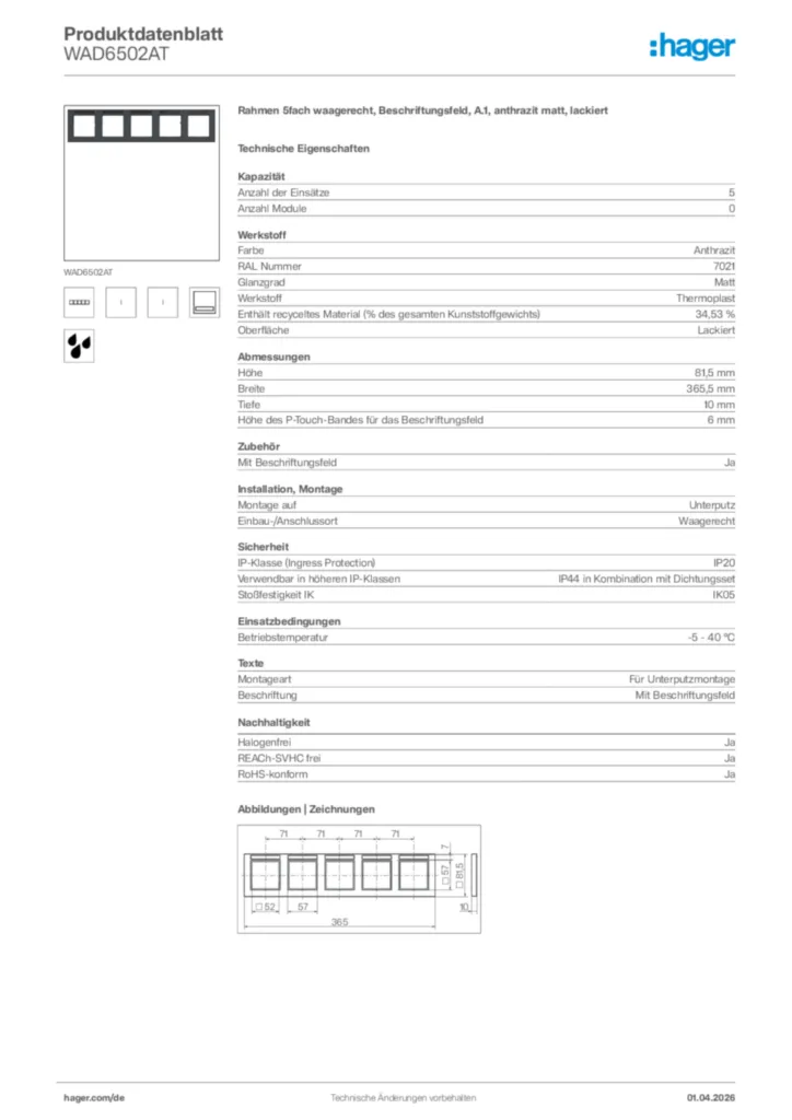 Bild Hager Produktdatenblatt WAD6502AT | Hager Deutschland