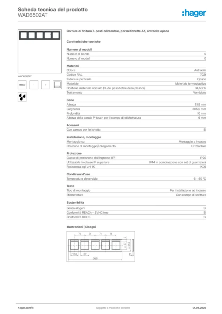 Immagine Hager Scheda tecnica del prodotto WAD6502AT | Hager Italia